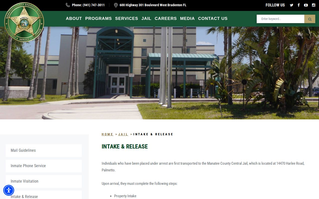 Manatee County Central Jail release processing information