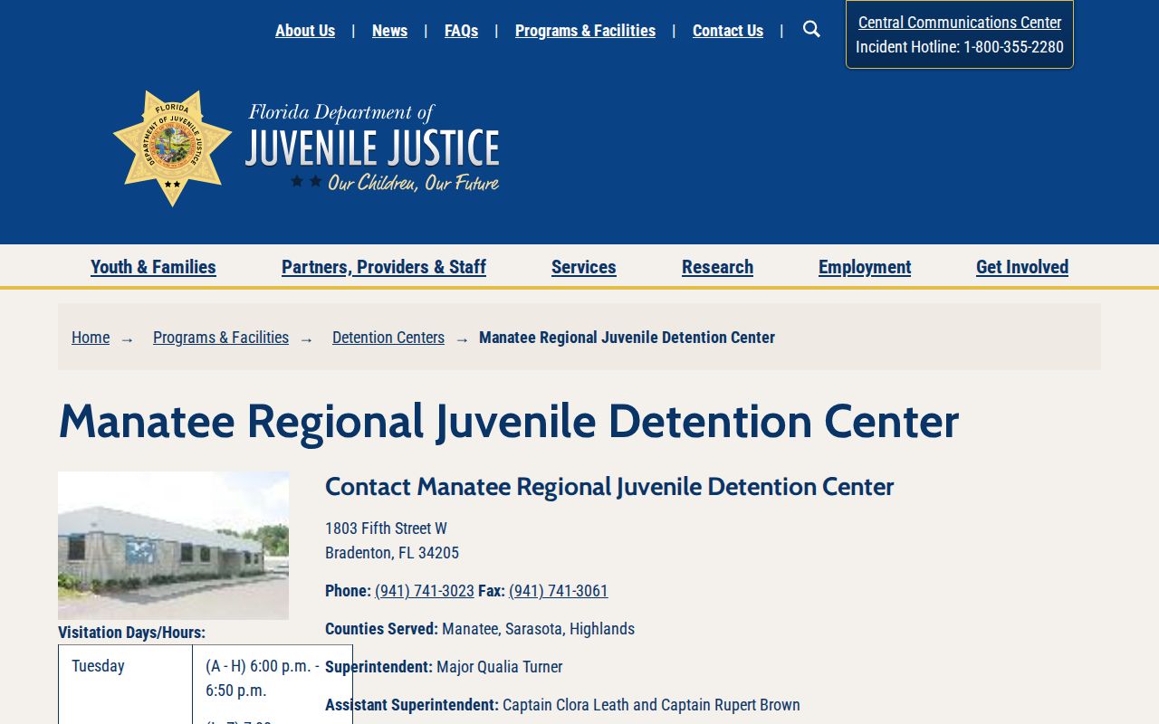 Manatee Regional Juvenile Detention Center release contact page