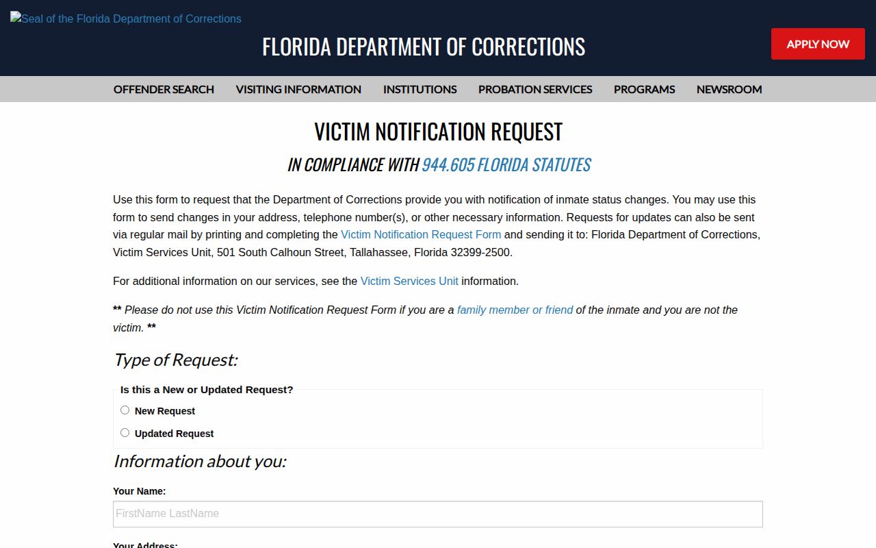 FDC formal notification form for Manatee County release notices